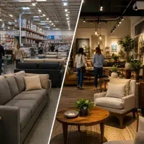 Split-screen comparison of a warehouse-style furniture store and a warmly lit home-furnishings showroom displaying sofas, chairs, tables, plants, and décor.