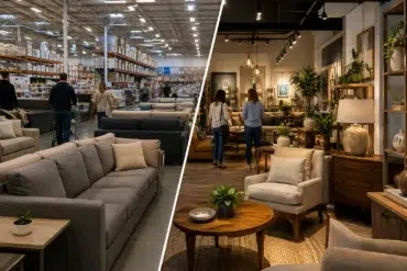 Split-screen comparison of a warehouse-style furniture store and a warmly lit home-furnishings showroom displaying sofas, chairs, tables, plants, and décor.