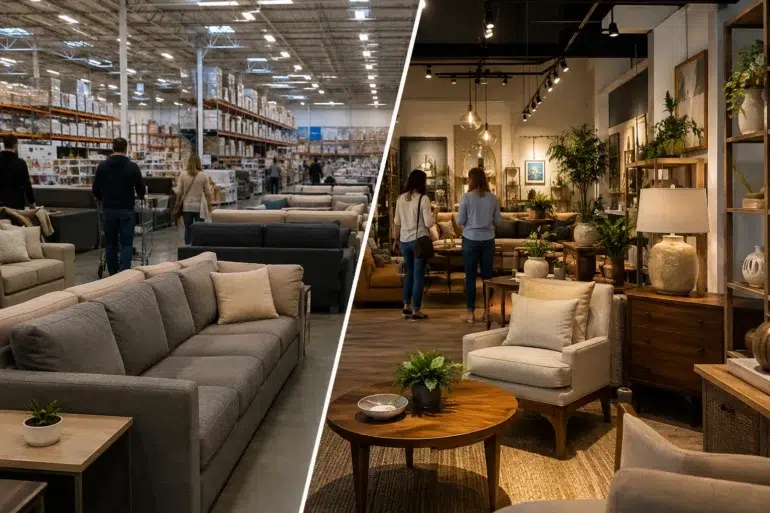 Split-screen comparison of a warehouse-style furniture store and a warmly lit home-furnishings showroom displaying sofas, chairs, tables, plants, and décor.