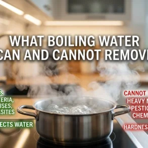A steaming pot of boiling water with text stating it kills bacteria, viruses, and parasites but cannot remove heavy metals, pesticides, chemicals, hardness, or toxins.