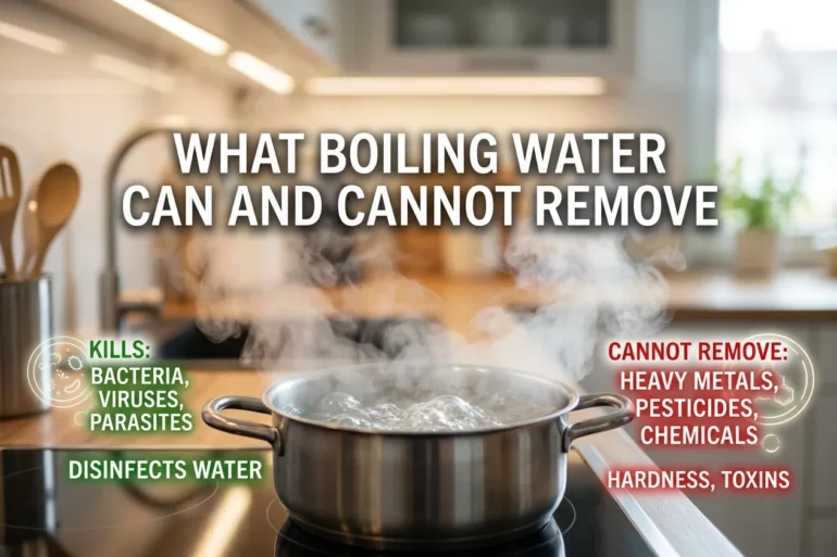 A steaming pot of boiling water with text stating it kills bacteria, viruses, and parasites but cannot remove heavy metals, pesticides, chemicals, hardness, or toxins.