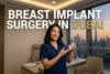 Woman in blue medical scrubs holds a breast implant in an office, with text reading “BREAST IMPLANT SURGERY IN DUBAI” and Dubai skyline behind her.