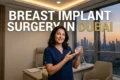 Woman in blue medical scrubs holds a breast implant in an office, with text reading “BREAST IMPLANT SURGERY IN DUBAI” and Dubai skyline behind her.