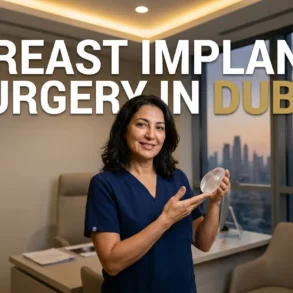 Woman in blue medical scrubs holds a breast implant in an office, with text reading “BREAST IMPLANT SURGERY IN DUBAI” and Dubai skyline behind her.