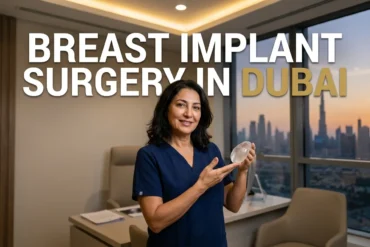 Woman in blue medical scrubs holds a breast implant in an office, with text reading “BREAST IMPLANT SURGERY IN DUBAI” and Dubai skyline behind her.