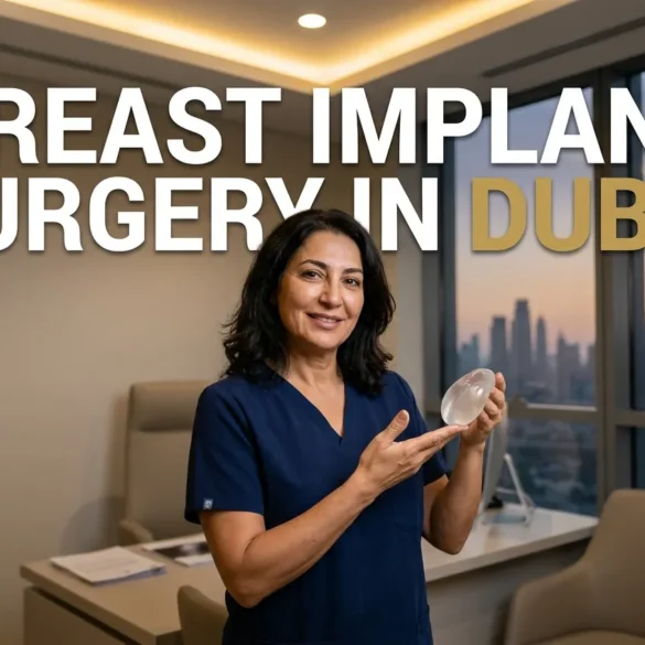 Woman in blue medical scrubs holds a breast implant in an office, with text reading “BREAST IMPLANT SURGERY IN DUBAI” and Dubai skyline behind her.
