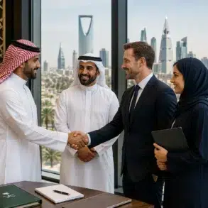 Four businesspeople, including two men in Saudi attire, shake hands beside a Saudi flag, with Riyadh’s skyline visible through the windows.