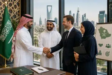 Four businesspeople, including two men in Saudi attire, shake hands beside a Saudi flag, with Riyadh’s skyline visible through the windows.
