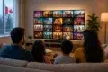 Family watching a colorful collage of television shows in a cozy living room, with popcorn, a Canadian flag visible through the window, and a potted plant beside the TV.