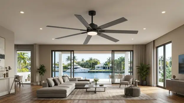 Modern living room with a sectional sofa, coffee table, ceiling fan, and large glass doors overlooking a canal, dock, and palm trees.