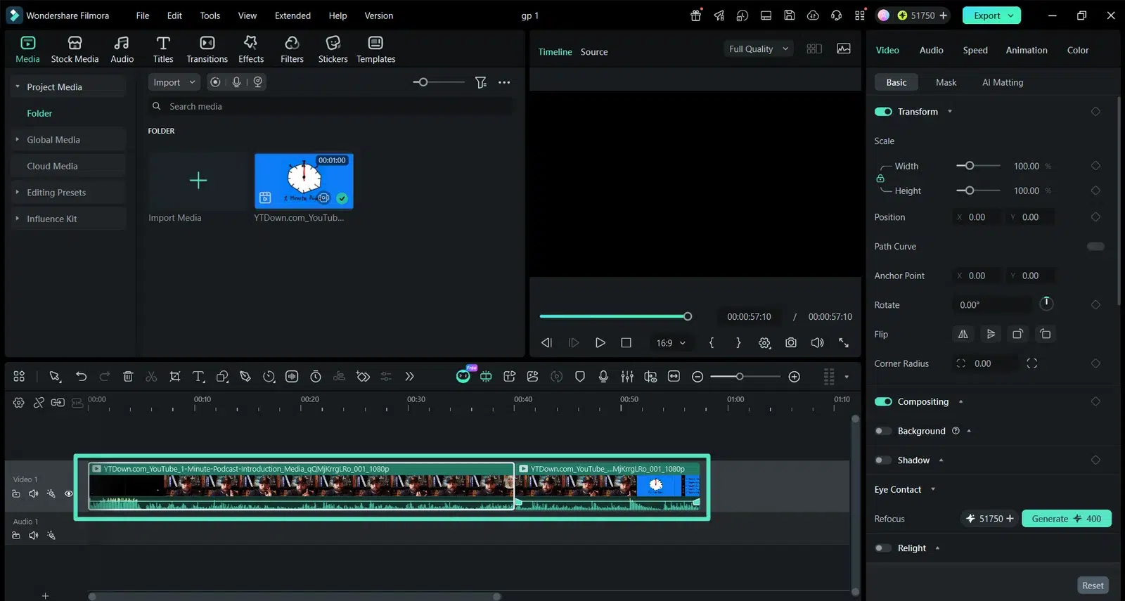 Wondershare Filmora video editor showing a media clip, preview window, editing controls, and a timeline with two video segments.