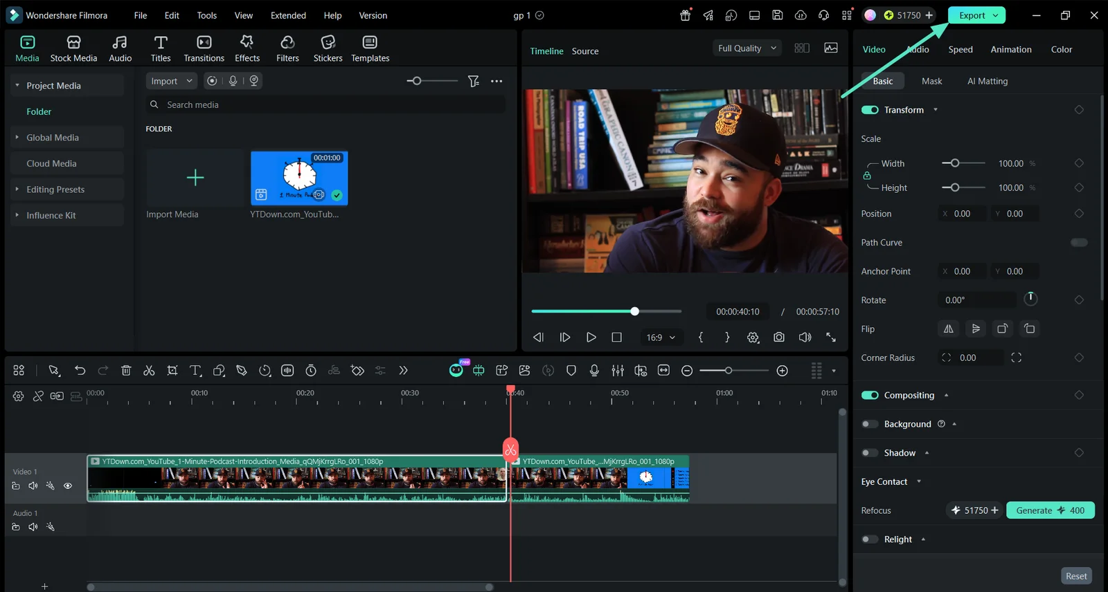 Video editing software displays a bearded man in a cap before bookshelves, with the clip timeline and editing controls visible.