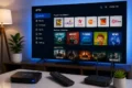 Smart TV displaying an IPTV streaming interface with live channels, featured categories, and movie thumbnails, alongside an IPTV box, remote control, and router on a media console.