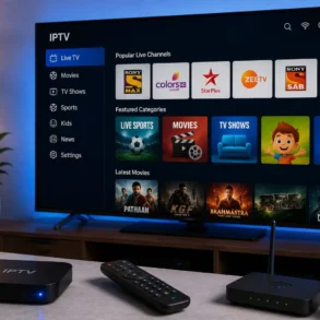 Smart TV displaying an IPTV streaming interface with live channels, featured categories, and movie thumbnails, alongside an IPTV box, remote control, and router on a media console.