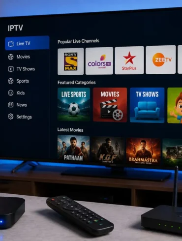 Smart TV displaying an IPTV streaming interface with live channels, featured categories, and movie thumbnails, alongside an IPTV box, remote control, and router on a media console.
