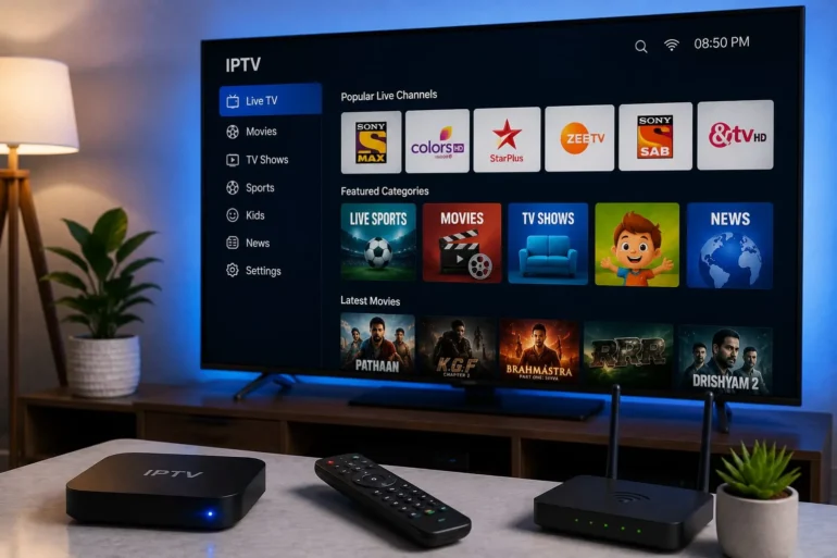 Smart TV displaying an IPTV streaming interface with live channels, featured categories, and movie thumbnails, alongside an IPTV box, remote control, and router on a media console.