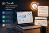 Claude SEO Services graphic showing a laptop SEO dashboard, AI search results, and text about improving visibility, content, and authority.