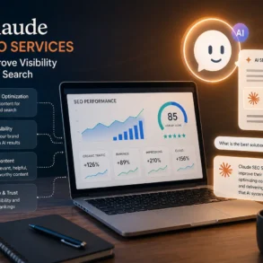 Claude SEO Services graphic showing a laptop SEO dashboard, AI search results, and text about improving visibility, content, and authority.