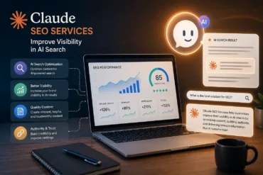 Claude SEO Services graphic showing a laptop SEO dashboard, AI search results, and text about improving visibility, content, and authority.