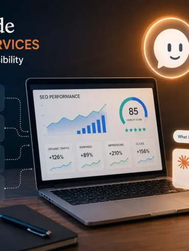 Claude SEO Services graphic showing a laptop SEO dashboard, AI search results, and text about improving visibility, content, and authority.