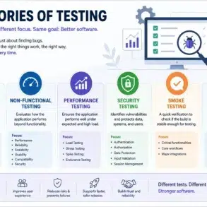 Categories of Testing” outlining functional, non-functional, performance, security, smoke, and sanity testing, with definitions, focus areas, and software-quality benefits.