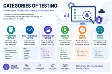 Categories of Testing” outlining functional, non-functional, performance, security, smoke, and sanity testing, with definitions, focus areas, and software-quality benefits.