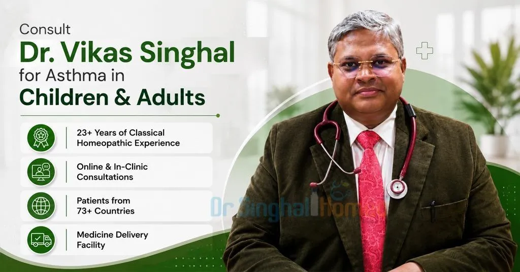 Promotional banner featuring Dr. Vikas Singhal offering asthma consultations for children and adults, with details about his homeopathic experience, online and in-clinic services, international patients, and medicine delivery.