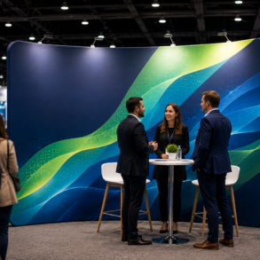 Three business professionals converse around a small table at an exhibition booth with a colorful abstract backdrop, while attendees pass by.