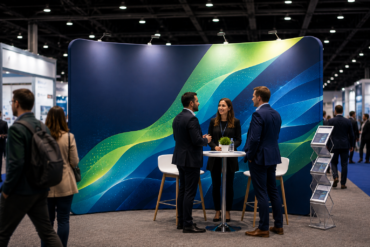 Three business professionals converse around a small table at an exhibition booth with a colorful abstract backdrop, while attendees pass by.