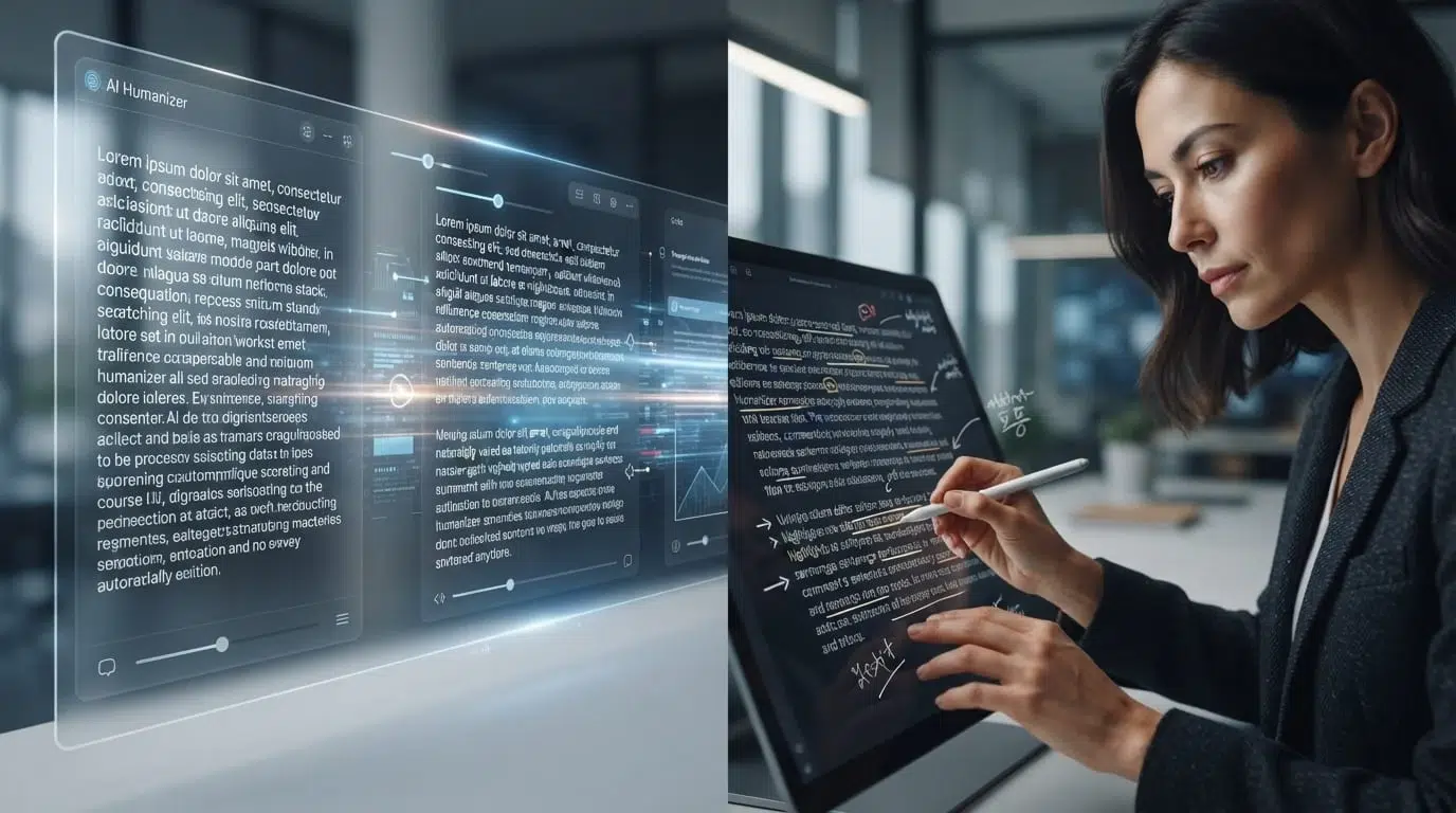 A woman uses a stylus on a tablet displaying code and handwritten notes beside translucent AI text panels labeled “AI Humanizer”