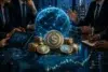 Businesspeople surround a glowing digital globe, stacks of coins, dollar symbols, a tablet, and financial charts on a table.