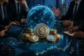 Businesspeople surround a glowing digital globe, stacks of coins, dollar symbols, a tablet, and financial charts on a table.