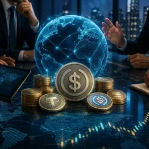 Businesspeople surround a glowing digital globe, stacks of coins, dollar symbols, a tablet, and financial charts on a table.
