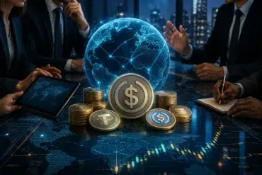 Businesspeople surround a glowing digital globe, stacks of coins, dollar symbols, a tablet, and financial charts on a table.