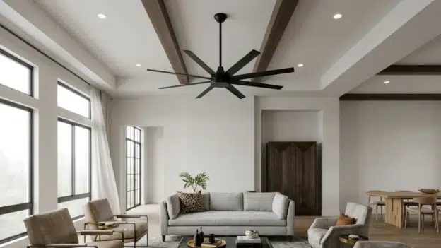 Bright open-plan living room with a gray sofa, armchairs, large windows, a ceiling fan, wood beams, and a dining area.