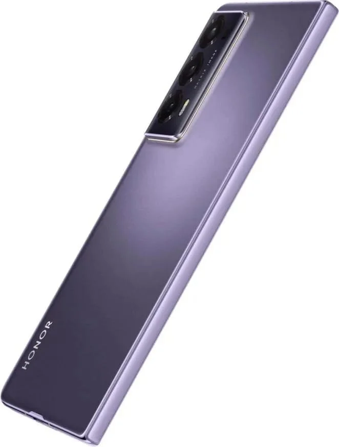 Purple Honor smartphone shown from the rear at an angle, featuring a vertical triple-camera module and sleek reflective finish.