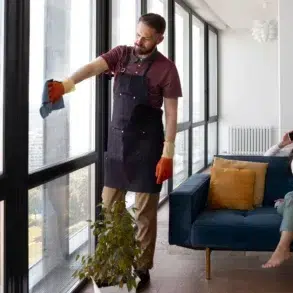 Gloved window cleaner wipes floor-to-ceiling apartment windows while a woman talks on her phone on a blue sofa.