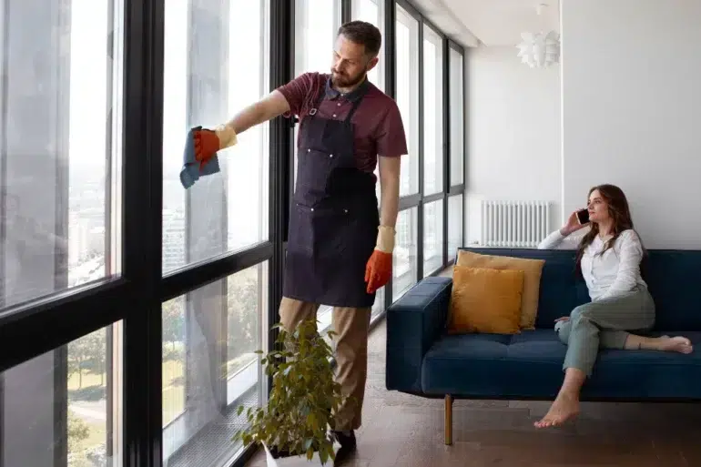 Gloved window cleaner wipes floor-to-ceiling apartment windows while a woman talks on her phone on a blue sofa.