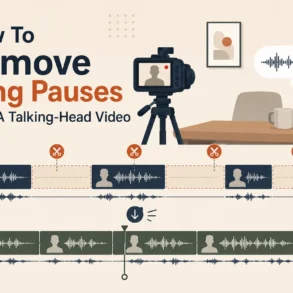 Infographic titled “How To Remove Long Pauses From A Talking-Head Video,” showing before-and-after audio waveforms with pauses cut out.