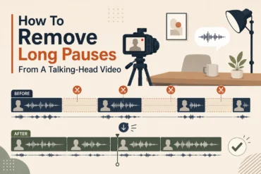 Infographic titled “How To Remove Long Pauses From A Talking-Head Video,” showing before-and-after audio waveforms with pauses cut out.