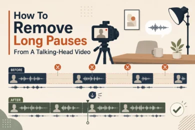 Infographic titled “How To Remove Long Pauses From A Talking-Head Video,” showing before-and-after audio waveforms with pauses cut out.