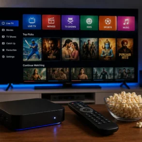 Smart TV streaming menu displaying live TV, movies, shows, sports, music, and featured content above a media box, remote control, and bowl of popcorn.