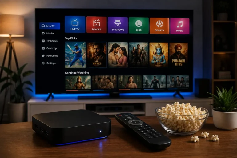 Smart TV streaming menu displaying live TV, movies, shows, sports, music, and featured content above a media box, remote control, and bowl of popcorn.