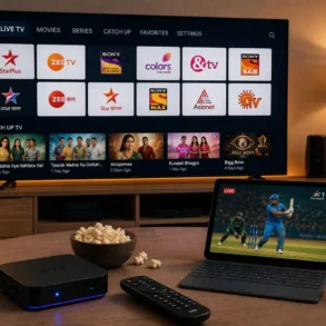 Smart TV displays live and catch-up Indian channels beside a streaming laptop showing cricket, a phone playing a movie, and a set-top box with remote, popcorn, and coffee on the table.