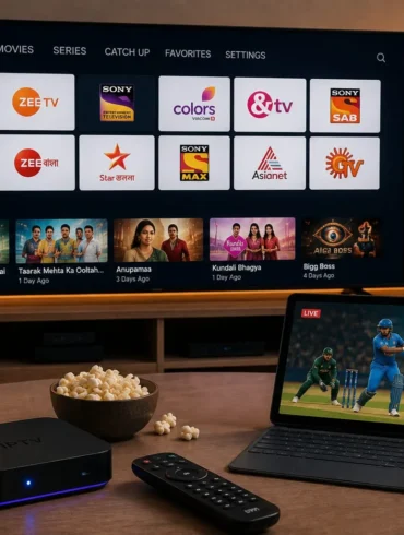 Smart TV displays live and catch-up Indian channels beside a streaming laptop showing cricket, a phone playing a movie, and a set-top box with remote, popcorn, and coffee on the table.