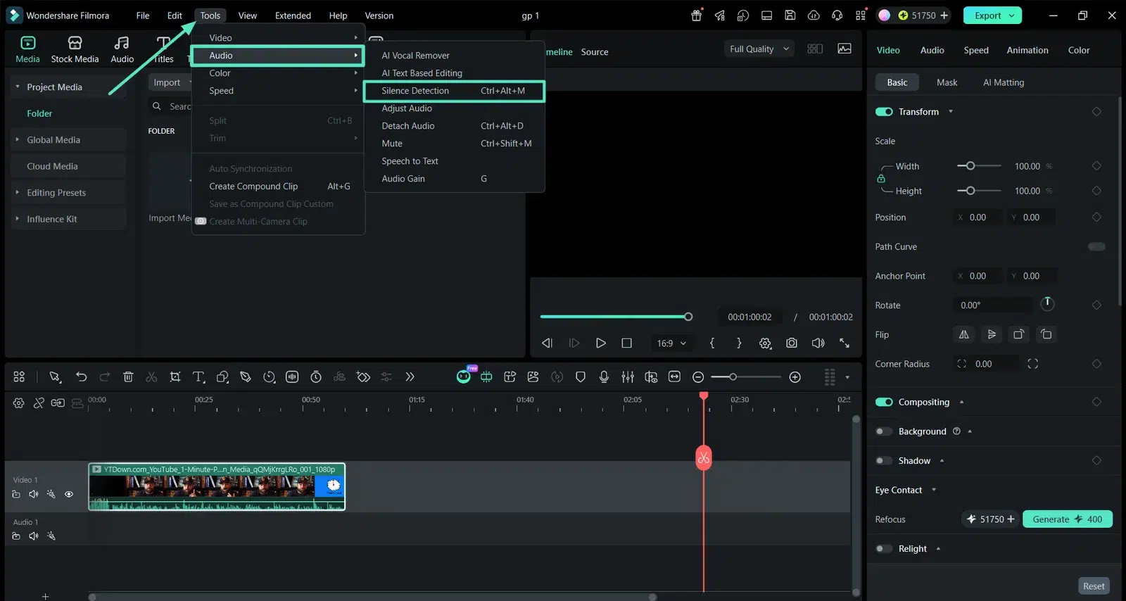 Wondershare Filmora’s Tools menu is open to Audio, with “Silence Detection” highlighted above a video timeline.