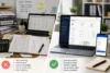 Split-screen comparison of paper-based leave records with a cluttered desk versus digital leave management displayed on a laptop and smartphone, highlighting efficiency, accuracy, and real-time tracking.