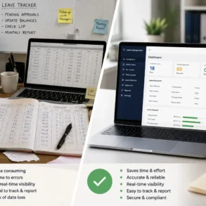 Split-screen comparison of paper-based leave records with a cluttered desk versus digital leave management displayed on a laptop and smartphone, highlighting efficiency, accuracy, and real-time tracking.