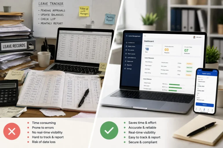 Split-screen comparison of paper-based leave records with a cluttered desk versus digital leave management displayed on a laptop and smartphone, highlighting efficiency, accuracy, and real-time tracking.