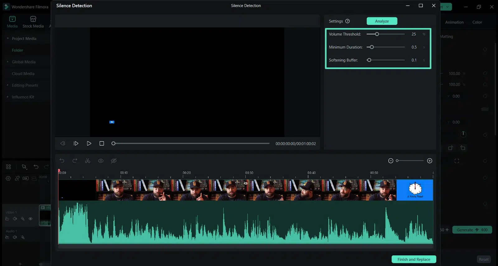 A video editor’s “Silence Detection” window shows a timeline with a speaker’s thumbnails, audio waveform, and volume threshold settings.